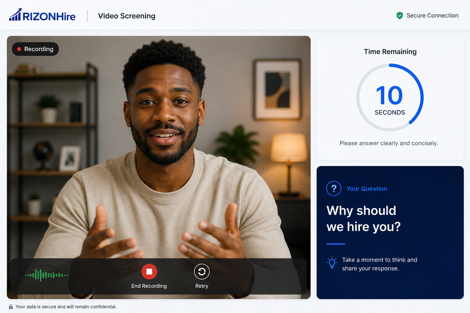 RizonHire video screening interface showing a candidate recording a response with a timer and question prompt